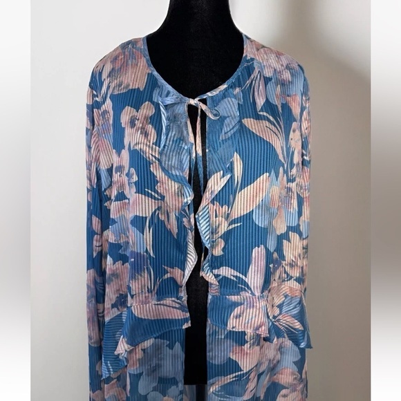 Lori Goldstein Top Kimono Topper Duster XL Blue Sheer Striped Floral Open Front - Picture 4 of 11